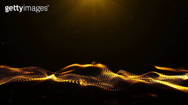 Digital particles wave flow gold color with bokeh abstract motion ...
