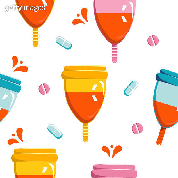 Seamless pattern with silicone menstrual cups. Colourful reusable items