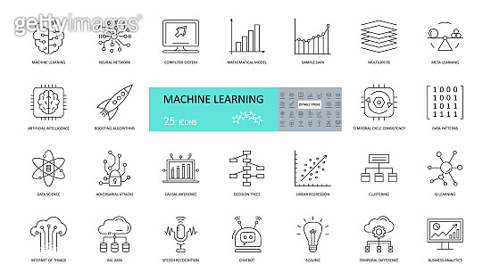 Set of machine learning icons. 25 editable stroke icons. Artificial ...