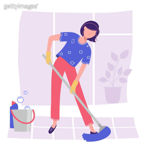 A woman does cleaning by mopping the floor with a broom. 이미지