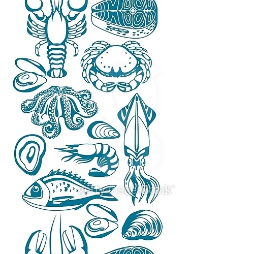 Crustacean Shell Patterning Seamless pattern with various seafood. Illustration of fish, shellfish ...