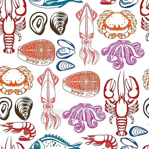 Unique Crustacean Shell Patterns Seamless pattern with various seafood. Illustration of fish, shellfish ...