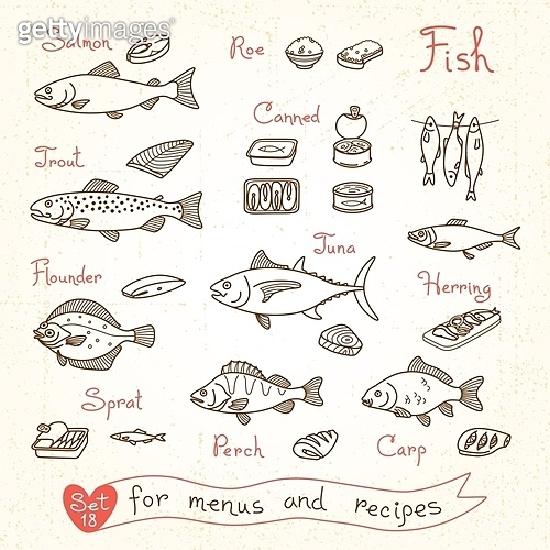 Set drawings of fish for design menus, recipes and packing. Trout