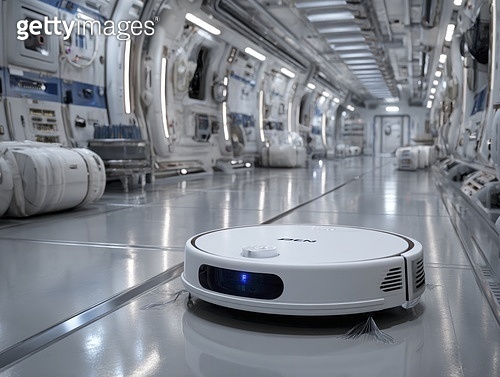 복도에서 청소 중인 로봇청소기 이미지