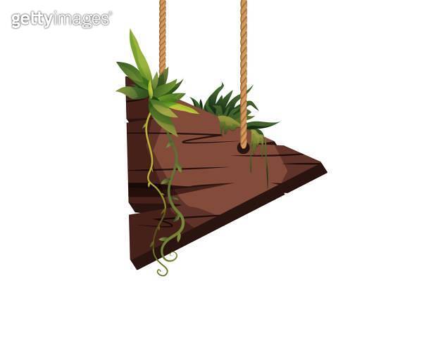 Empty wooden plank hanging on ropes with tropical leaves. Retro banners ...