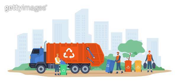 Garbage transportation. Waste tanks shipment in trash truck, scavengers ...
