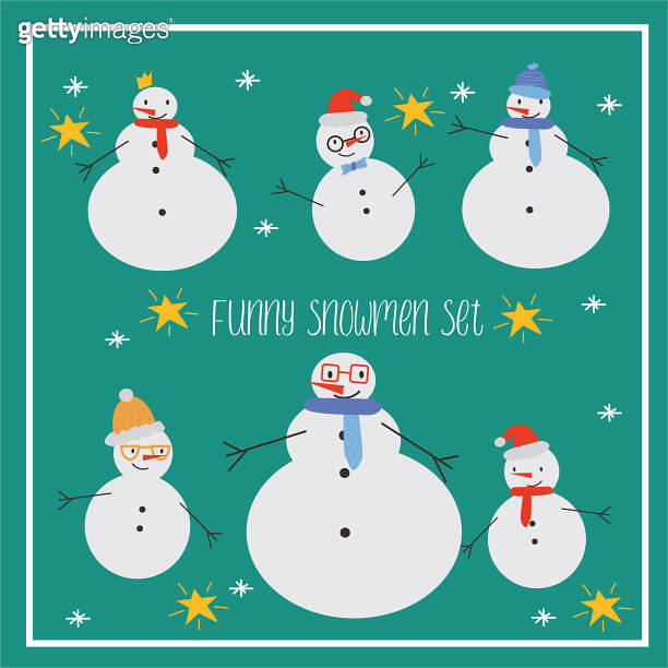 A set of cute Christmas snowmen with flat vector illustrations. Funny ...