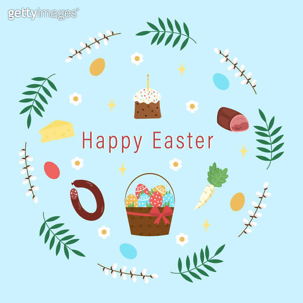 Easter symbols basket with eggs, cake, sausage, ham, cheese