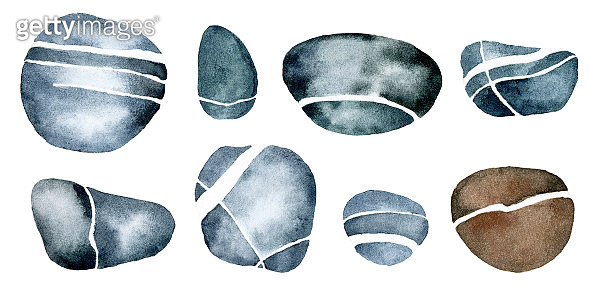 Stnes Drawing watercolor drawing. set of sea stones of gray-blue color with white ...