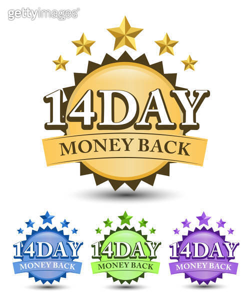 14 Day money back badge with blue, golden, green and purple color ...