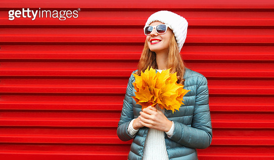 Autumn portrait of happy smiling young woman with yellow maple leaves ...