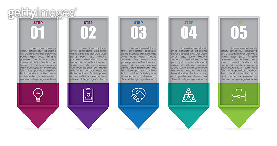 Five colorful rectangular elements, thin line pictograms, pointers and ...