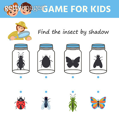 Educational Game for children. Find the insect by the shadow. Set of ...