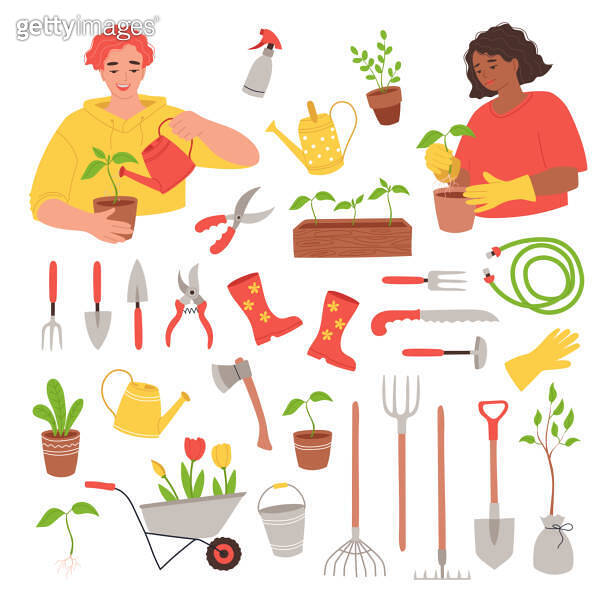 Set of various agricultural and garden tools for spring work. Gardening ...
