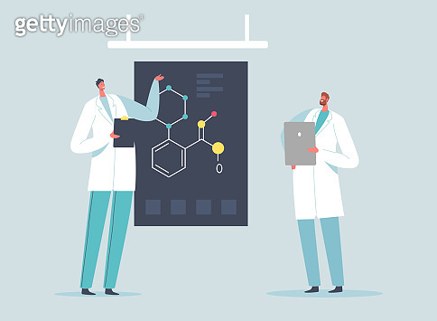 Scientists with Tablets Explain Chemical Formula on Screen in ...