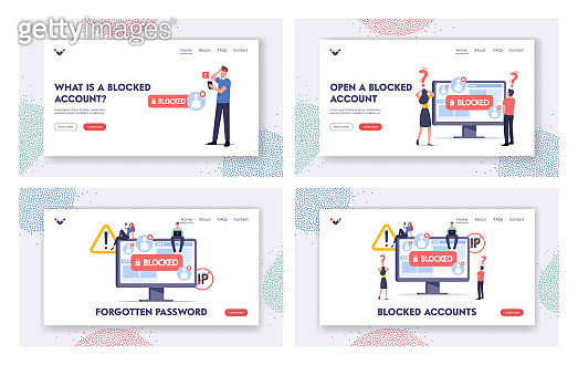 Character Blocking Computer Blocked Account Landing Page Template Set. Tiny Characters at Huge ...
