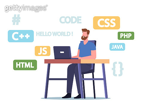 Coding Player Character Programmer Character Work on Laptop Developing Programming Languages ...