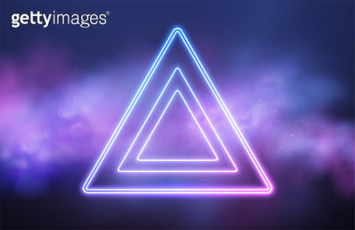 Abstract triangle neon frame on pink smoke background. Vector glowing ...