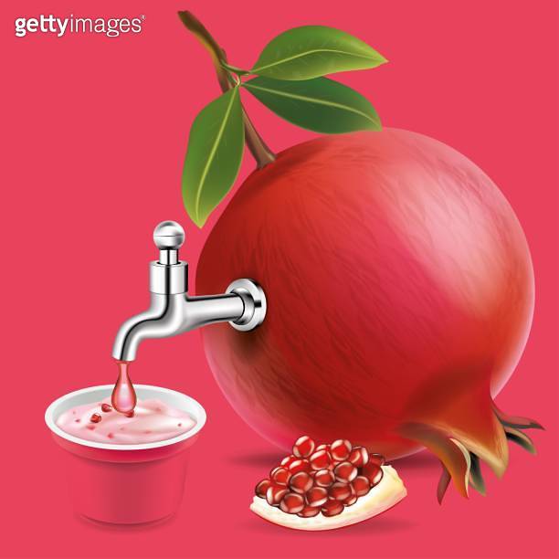 Fruit juice distilled from pomegranate with water tap.yogurt cup