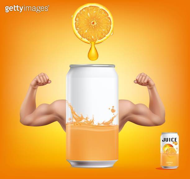 Orange juice cans have arms showing strong muscles.illustration vector