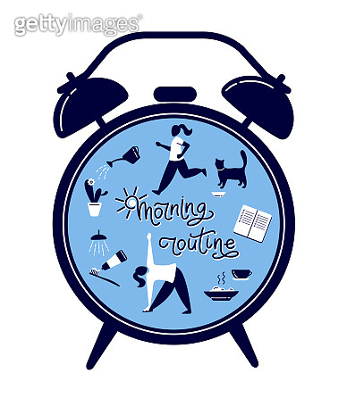 Morning routine lettering composition in alarm clock. 이미지 (1348986609 ...