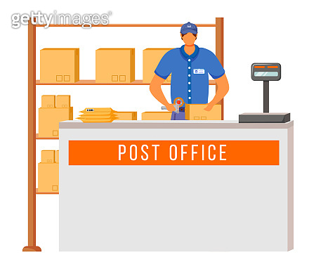 Post office male worker flat color vector illustration. Man checks and ...