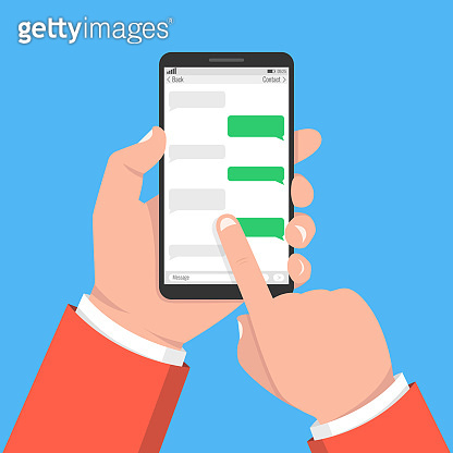 Hand holding smartphone with application with chat boxes. Vector ...