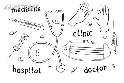 Set of medicine items and lettering. Vector hand drawn outline ...