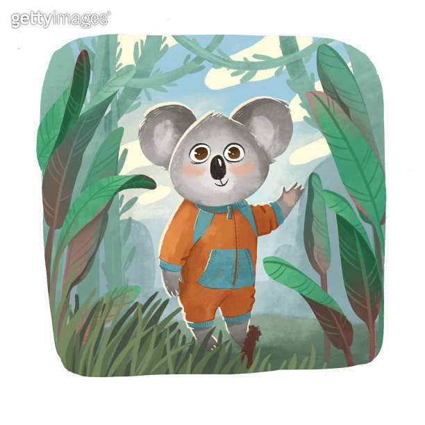 Illustration of a little koala standing in the forest and waving hand. A Koala in overalls. 이미지