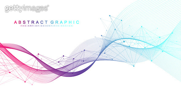 Abstract scientific background with dynamic particles, wave flow ...