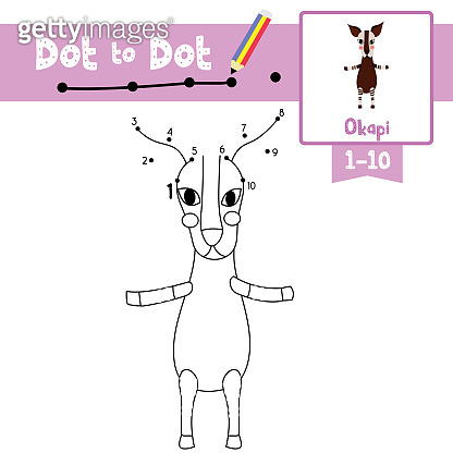 Dot to dot educational game and Coloring book Okapi standing on two ...