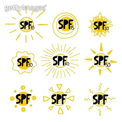 SPF sun set. Hand drawn doodle solar symbols, uv protection emblem ...