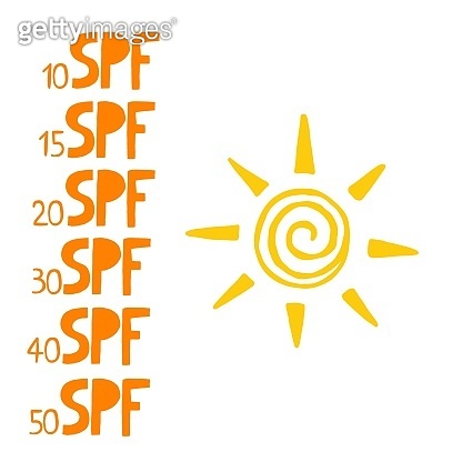 SPF sun set. Hand drawn doodle solar symbols, uv protection emblem ...