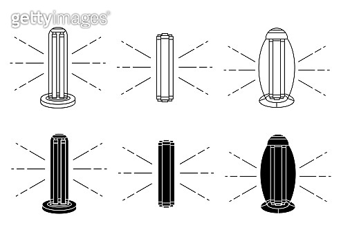 Ultraviolet Lamp Drawing Example UV-C sterilizer sign. UV light disinfection icons. Set of ultraviolet ...