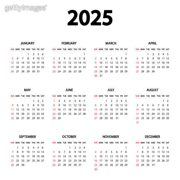 Calendar 2025 year. The week starts Sunday. Annual English calendar