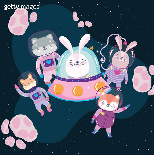 space rabbit in ufo with astronaut animals adventure explore cartoon ...