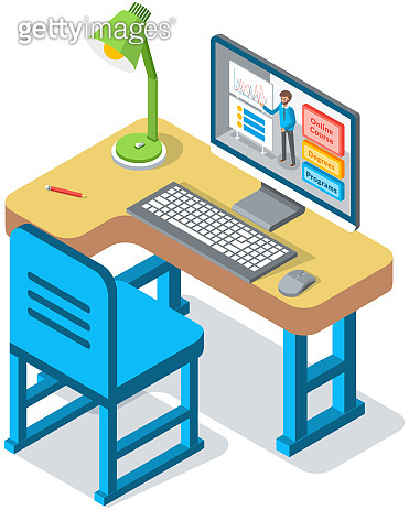 Online education. Desk for student with computer and application on ...