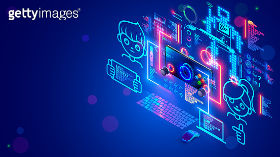 Kids, boy and girl learning online courses programming, coding, on ...