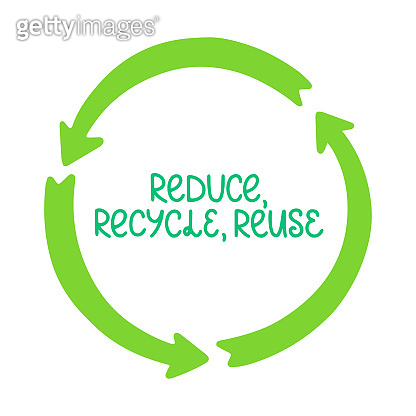 Reduce, recycle, reuse - green vector hand drawn lettering with recycle ...
