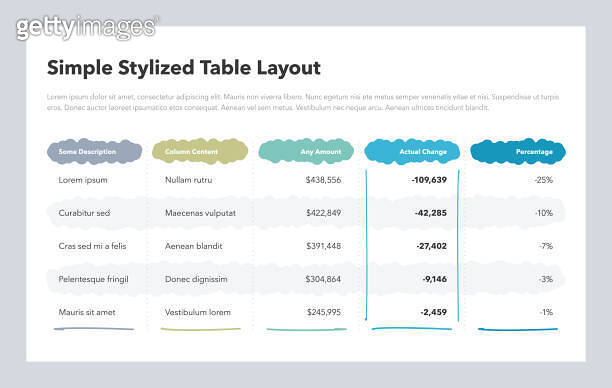 Simple stylized table layout with colorful columns 이미지 (1319790191 ...
