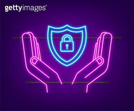 Welcome Sign Cyber Neon cyber security vector logo with shield and check mark. Hands ...