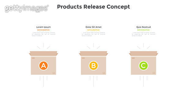 Three carton boxes placed in horizontal row. Concept of 3 steps of ...