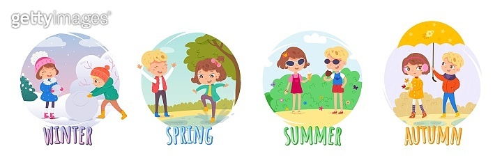 Kids in four seasons set: winter, spring, summer, autumn. Children in ...