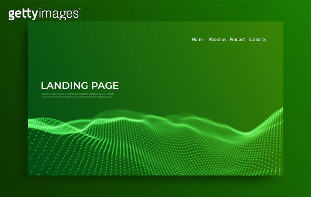 Abstract landing page background with green particles. Flow wave with ...