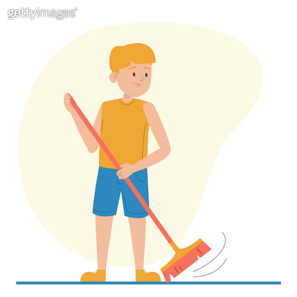 Boy sweeping the floor using broom isolated 이미지 (1325368034) 게티이미지뱅크