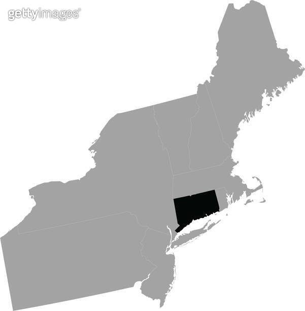 Black Map of US federal state of Connecticut inside the map of