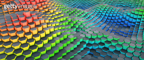 Artificial abstract contour map, with hexagon blocks forming a curved ...