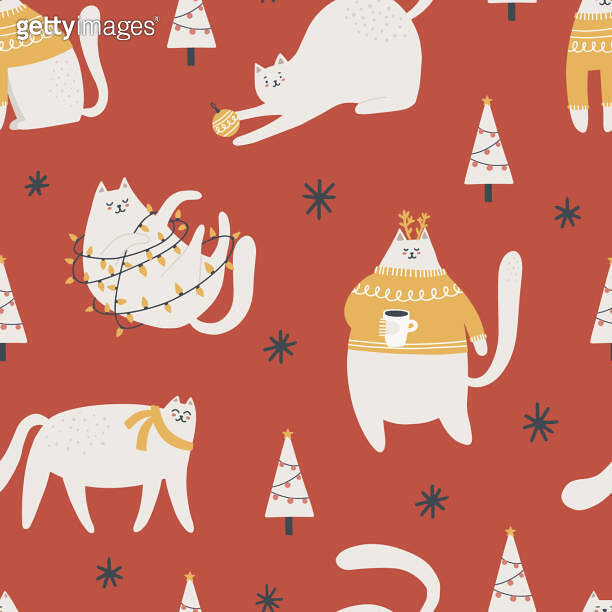 Seamless pattern with cute christmas cats. Hand drawn vector ...