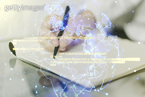 Double exposure of abstract programming language with world map and man ...