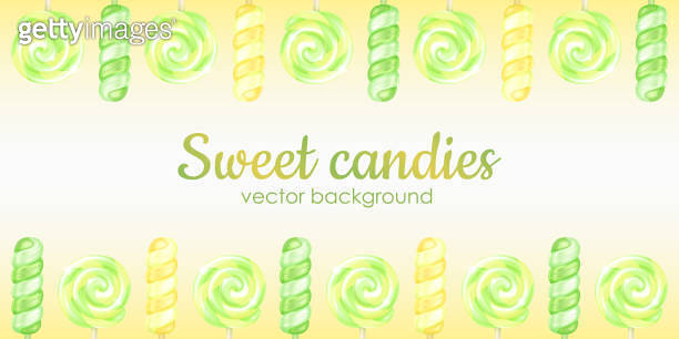 Festive vector realistic striped swirl lollipops background with a copy